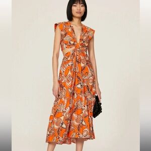 NWT: ALC Alexandria Midi Dress in a vibrant orange paisley design